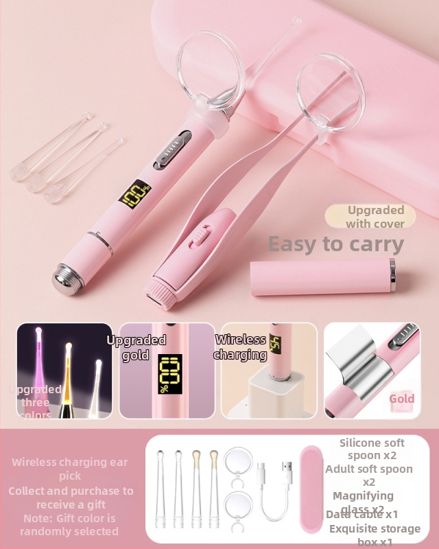 Set metal pentru urechi pentru copii, cu LED luminescent în întuneric, reîncărcabil, cu mărire – include lingură pentru urechi, pensetă și clips nazal