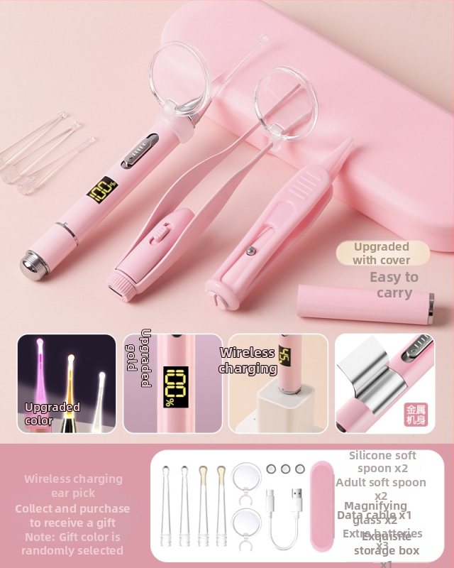 Set metal pentru urechi pentru copii, cu LED luminescent în întuneric, reîncărcabil, cu mărire – include lingură pentru urechi, pensetă și clips nazal