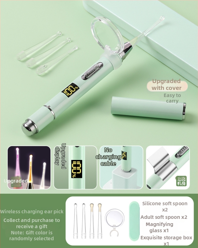 Set metal pentru urechi pentru copii, cu LED luminescent în întuneric, reîncărcabil, cu mărire – include lingură pentru urechi, pensetă și clips nazal