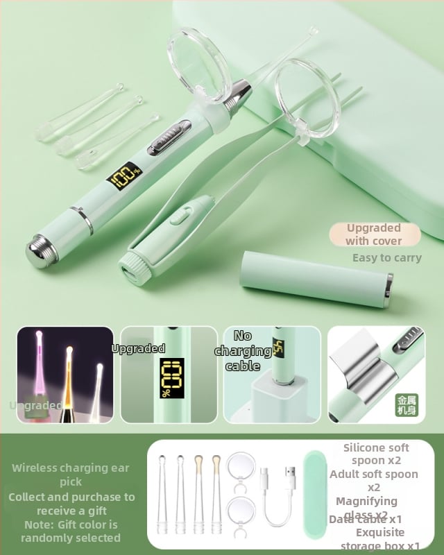 Set metal pentru urechi pentru copii, cu LED luminescent în întuneric, reîncărcabil, cu mărire – include lingură pentru urechi, pensetă și clips nazal