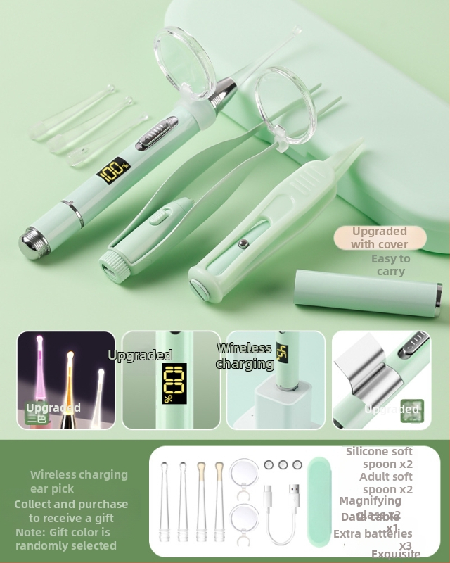 Set metal pentru urechi pentru copii, cu LED luminescent în întuneric, reîncărcabil, cu mărire – include lingură pentru urechi, pensetă și clips nazal