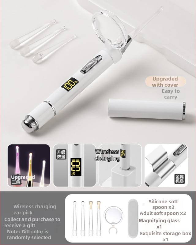 Set metal pentru urechi pentru copii, cu LED luminescent în întuneric, reîncărcabil, cu mărire – include lingură pentru urechi, pensetă și clips nazal