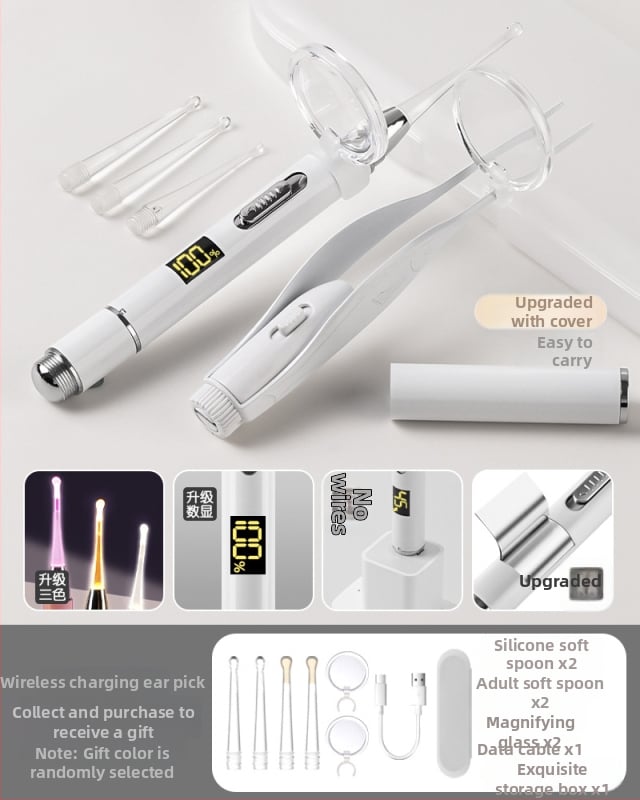 Set metal pentru urechi pentru copii, cu LED luminescent în întuneric, reîncărcabil, cu mărire – include lingură pentru urechi, pensetă și clips nazal