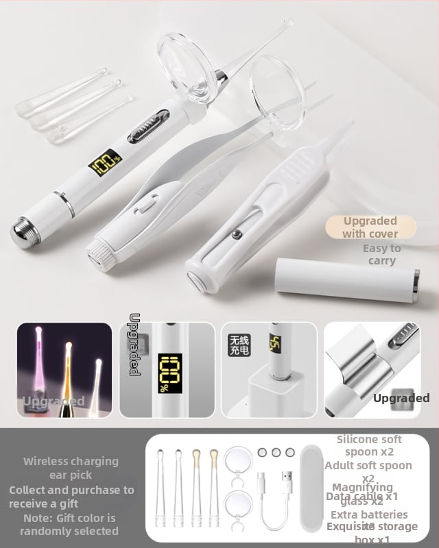 Set metal pentru urechi pentru copii, cu LED luminescent în întuneric, reîncărcabil, cu mărire – include lingură pentru urechi, pensetă și clips nazal