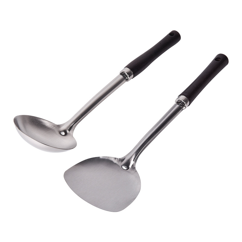 Set spatule din oțel inoxidabil, cu mâner din lemn — anti-arsură, lingură cu găuri, spatulă pentru prăjit și lingură de gătit