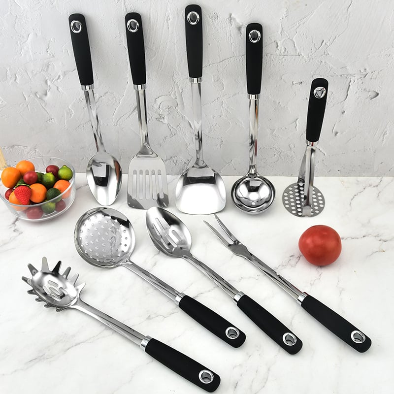 Set din oțel inoxidabil: spatulă, lingură de bucătărie și zdrobitor de cartofi, non-stick, rezistent la temperaturi înalte