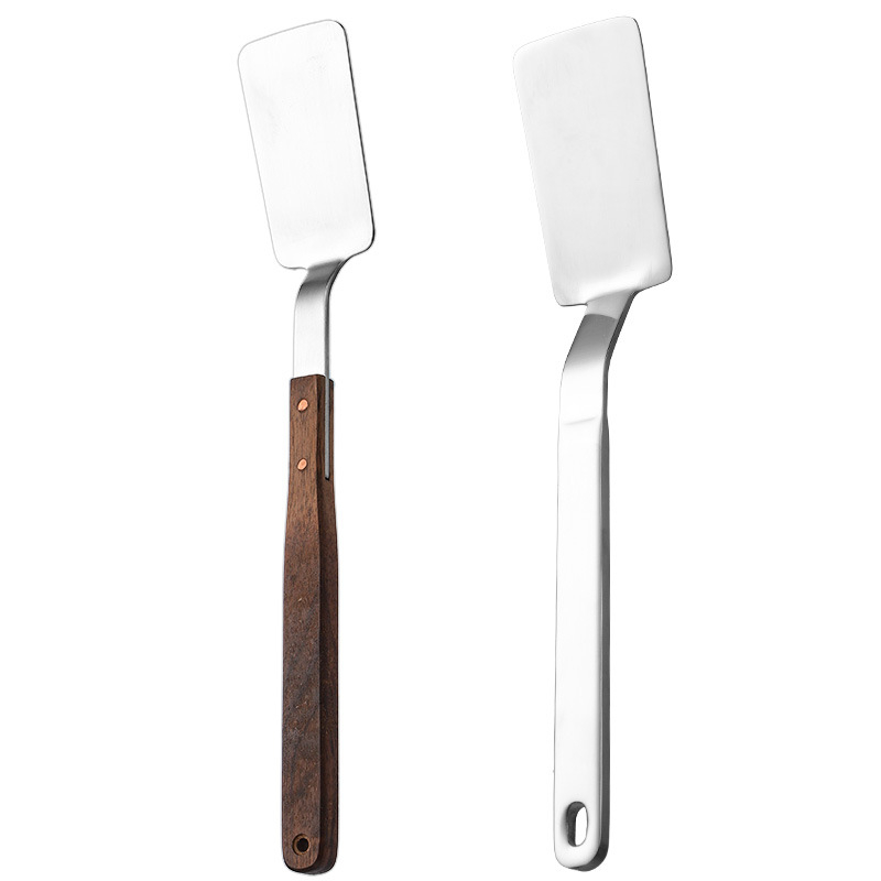 Spatula mică din oțel inoxidabil 304, cu mâner din lemn de nuc, instrument de bucătărie anti-arzire, potrivită pentru pizza și friptură