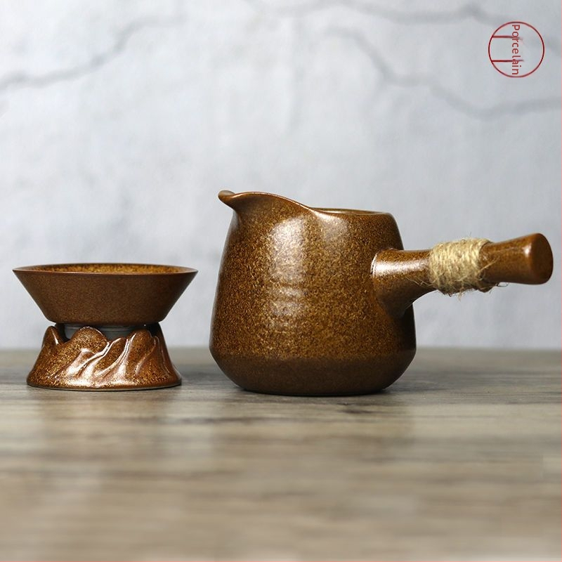 Veľká rustikálna keramická miska so stranovým držadlom, súprava čajových sitíkov, japonský štýl Gongfu keramický čajový set.