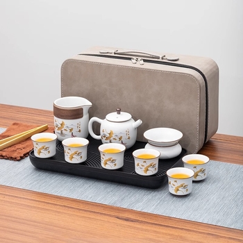 Set de ceai portabil în stil chinezesc, cu bol de ceai cu capac, ceainic, farfurie melamină și cești ceramice