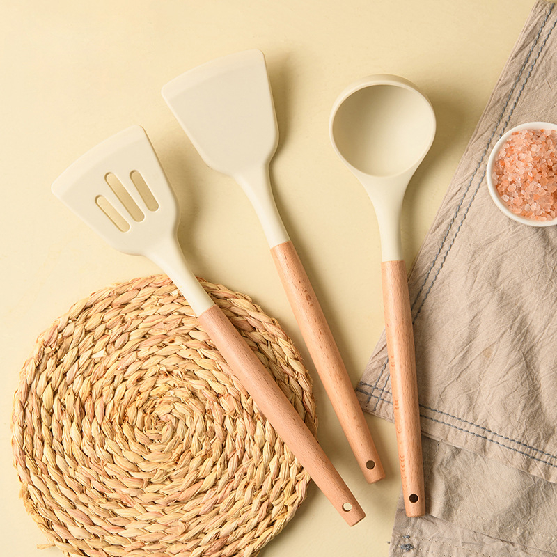 Set spatule din silicon de calitate alimentară, cu mânere din lemn, rezistent la temperaturi înalte, compatibil cu tigăi antiaderente
