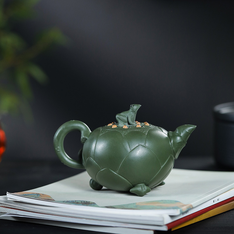 Ceainic Yixing din lut purpuriu, capacitate 420 ml, design broasca-lotus, pictat manual, pentru uz casnic