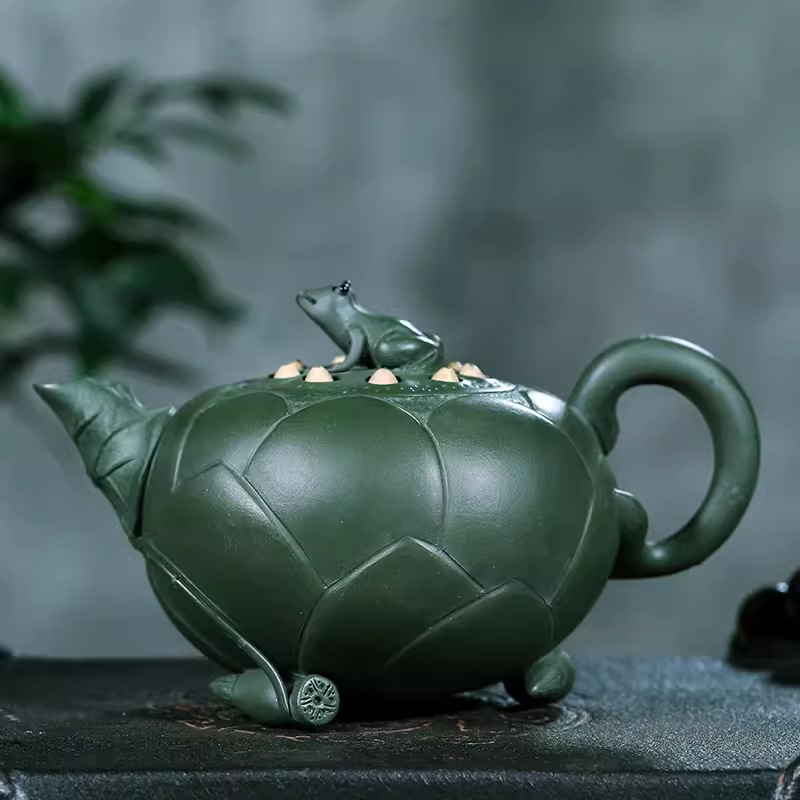 Ceainic Yixing din lut purpuriu, capacitate 420 ml, design broasca-lotus, pictat manual, pentru uz casnic