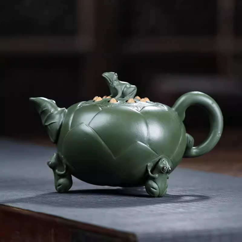 Ceainic Yixing din lut purpuriu, capacitate 420 ml, design broasca-lotus, pictat manual, pentru uz casnic