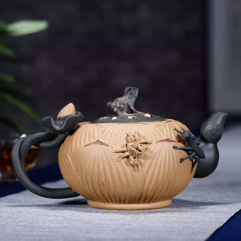 Ceainic Yixing din lut purpuriu, capacitate 420 ml, design broasca-lotus, pictat manual, pentru uz casnic