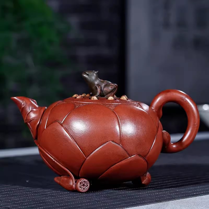 Ceainic Yixing din lut purpuriu, capacitate 420 ml, design broasca-lotus, pictat manual, pentru uz casnic