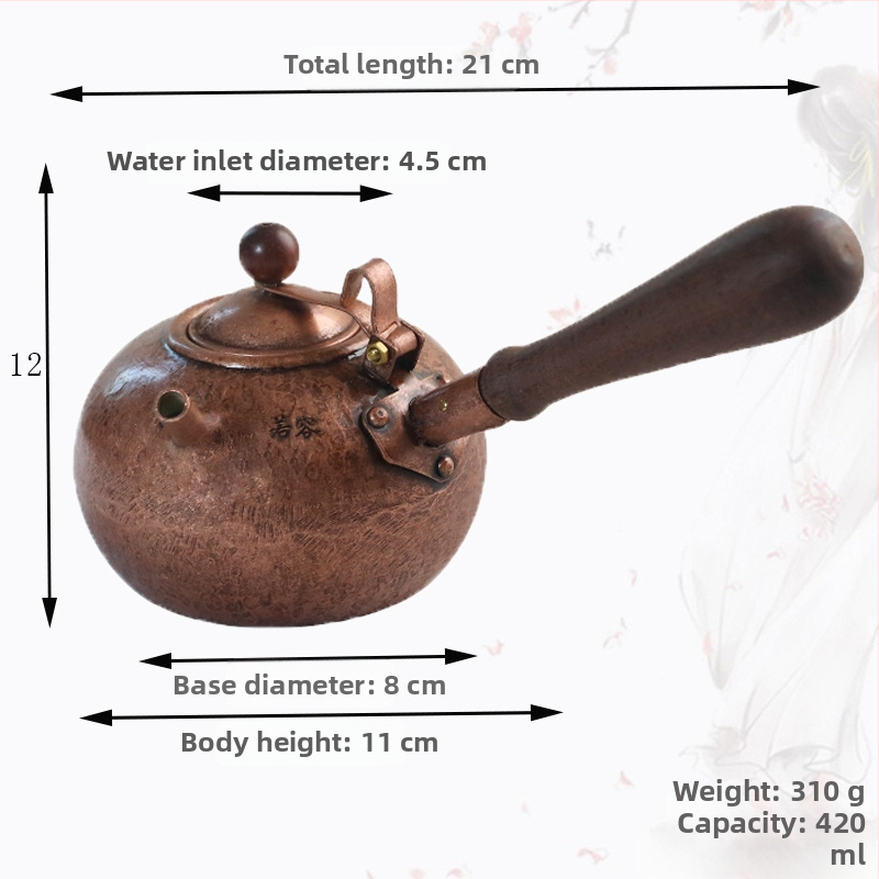 Ruorong Tea Art Ceainic Mic cu Mâner Lateral, din Cupru Pur, Fabricat Manual, Cupru Gros, Stil Retro