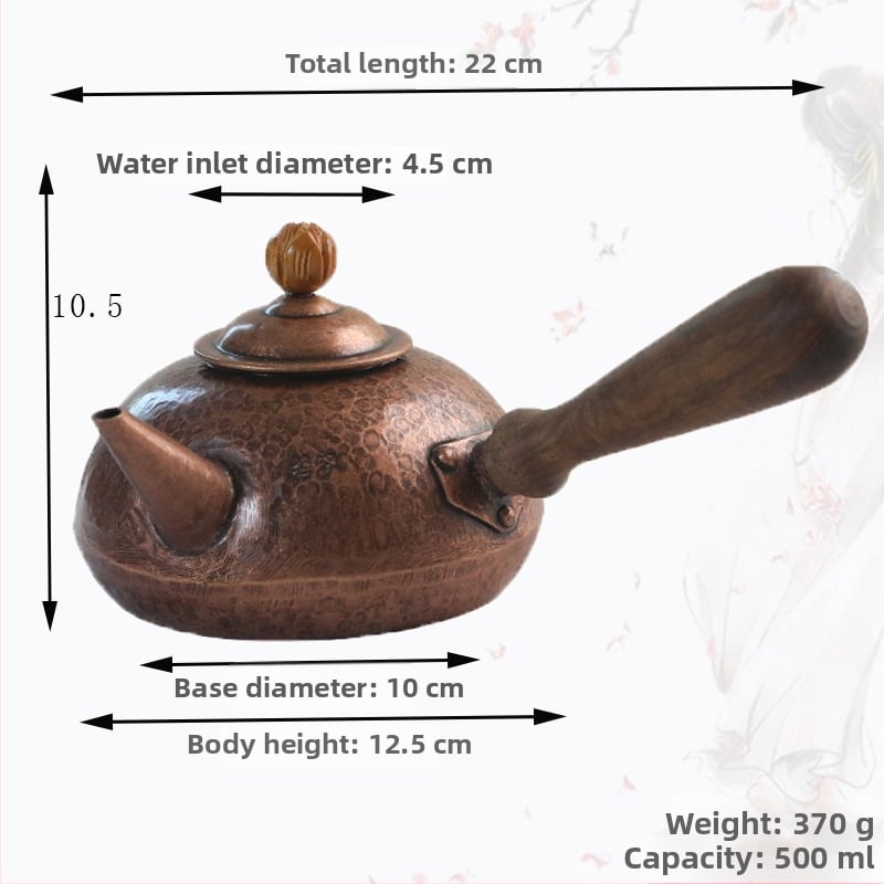 Ruorong Tea Art Ceainic Mic cu Mâner Lateral, din Cupru Pur, Fabricat Manual, Cupru Gros, Stil Retro