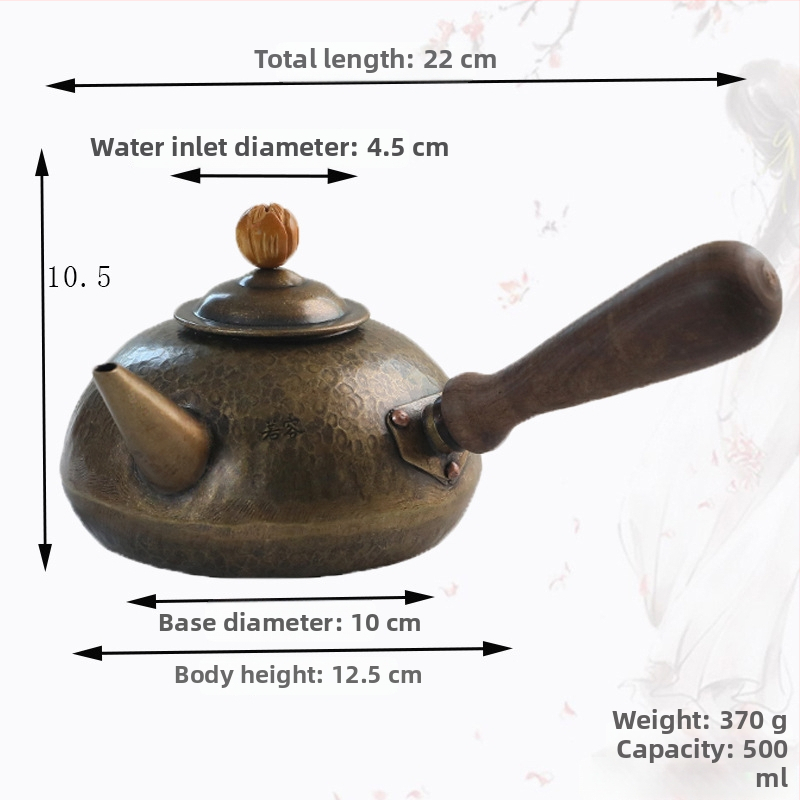Ruorong Tea Art Ceainic Mic cu Mâner Lateral, din Cupru Pur, Fabricat Manual, Cupru Gros, Stil Retro