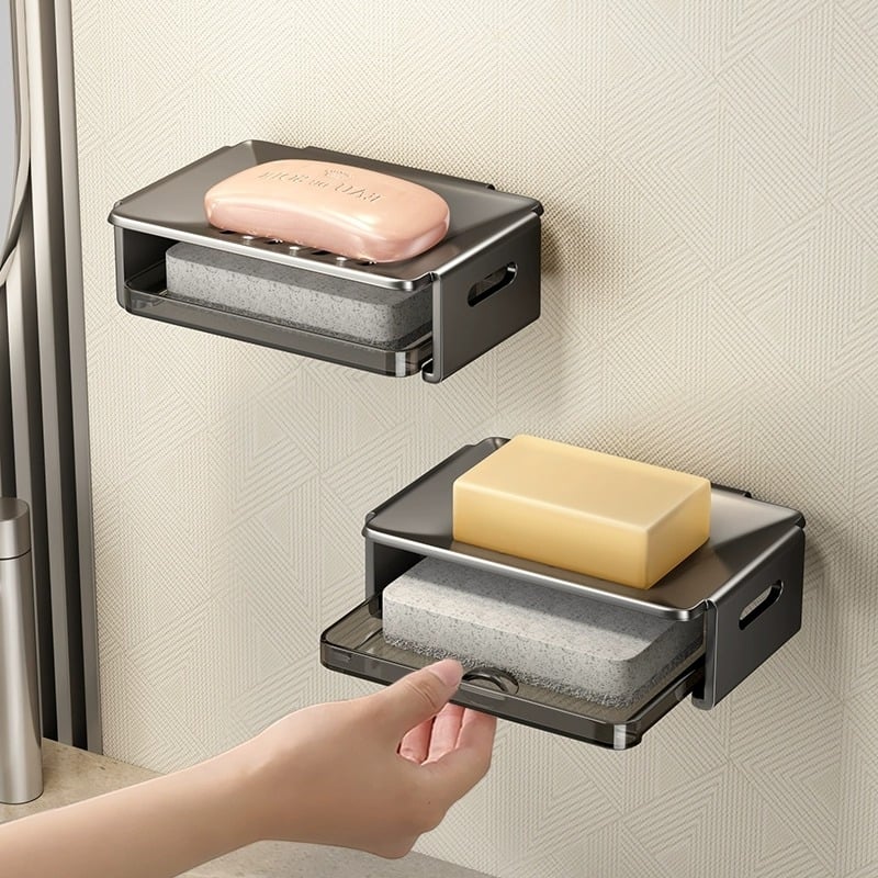 Cutie de săpun montată pe perete din aluminiu Space pentru baie, cu drenaj, dimensiuni 12.5 × 8.5 × 4 cm