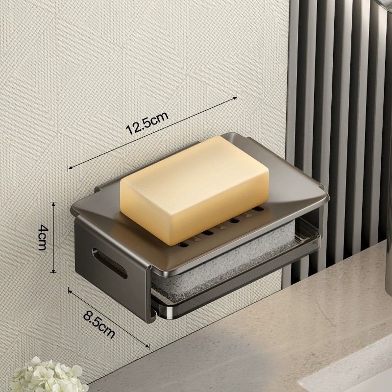 Cutie de săpun montată pe perete din aluminiu Space pentru baie, cu drenaj, dimensiuni 12.5 × 8.5 × 4 cm