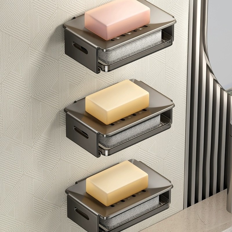 Cutie de săpun montată pe perete din aluminiu Space pentru baie, cu drenaj, dimensiuni 12.5 × 8.5 × 4 cm