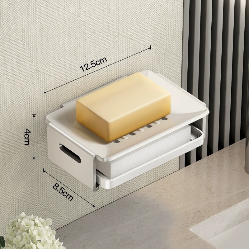 Cutie de săpun montată pe perete din aluminiu Space pentru baie, cu drenaj, dimensiuni 12.5 × 8.5 × 4 cm