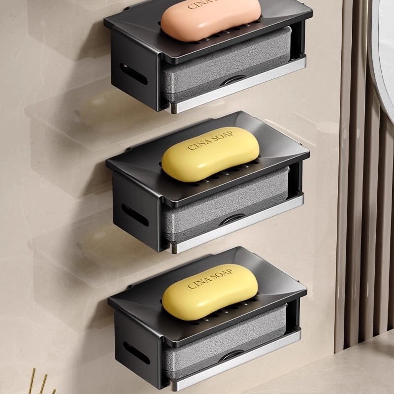 Cutie de săpun montată pe perete din aluminiu Space pentru baie, cu drenaj, dimensiuni 12.5 × 8.5 × 4 cm