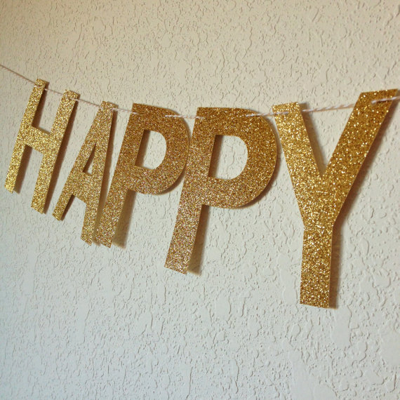 Banner cu litere Happy Birthday, cu sclipici, pentru aniversare