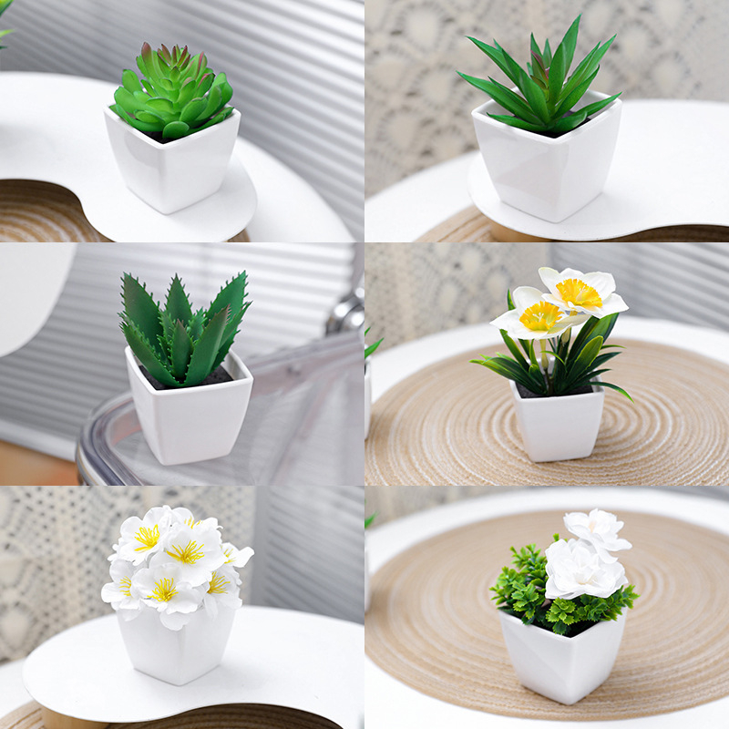 Plante artificiale în ghivece din plastic: suculente și frunze de ginkgo, bonsai artificial pentru living, decor sufragerie, înălțime 10 cm