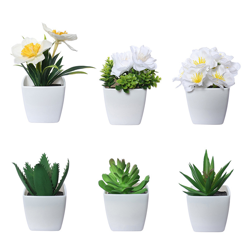 Plante artificiale în ghivece din plastic: suculente și frunze de ginkgo, bonsai artificial pentru living, decor sufragerie, înălțime 10 cm