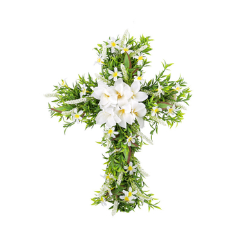 Ghirlandă din crini de mătase, în formă de cruce, pentru agățat la ușă – decor de Paște