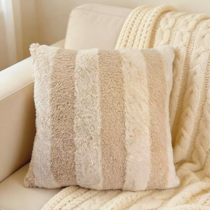 Pernă decor nordică din blană de iepure și catifea Teddy, cu față unică, dungată, pentru pat, birou și casă