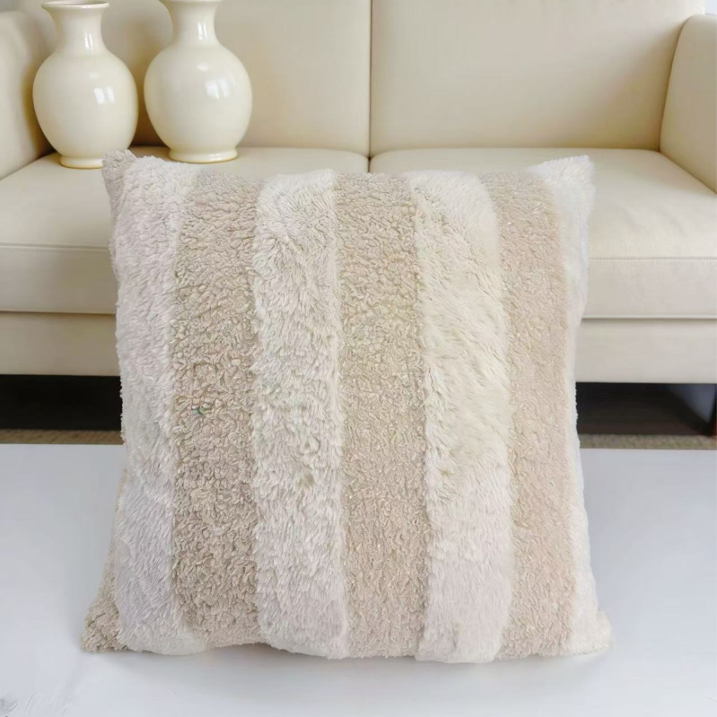 Pernă decor nordică din blană de iepure și catifea Teddy, cu față unică, dungată, pentru pat, birou și casă