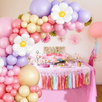 Ghirlandă de baloane cu temă margarete, arc de baloane în nuanțe pastel pentru decor de carnaval și petrecere de ziua de naștere