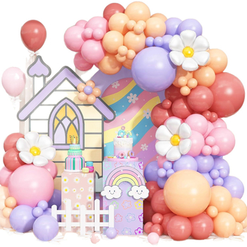 Ghirlandă de baloane cu temă margarete, arc de baloane în nuanțe pastel pentru decor de carnaval și petrecere de ziua de naștere