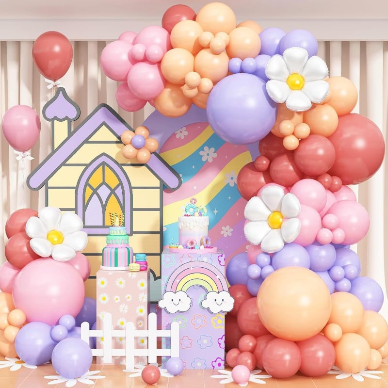 Ghirlandă de baloane cu temă margarete, arc de baloane în nuanțe pastel pentru decor de carnaval și petrecere de ziua de naștere