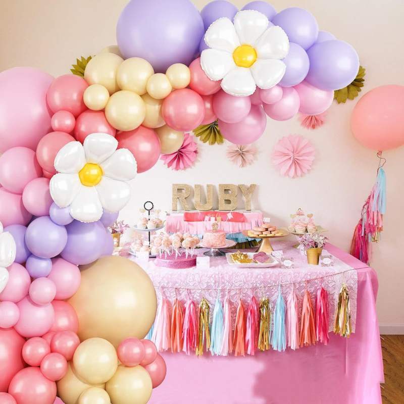 Ghirlandă de baloane cu temă margarete, arc de baloane în nuanțe pastel pentru decor de carnaval și petrecere de ziua de naștere
