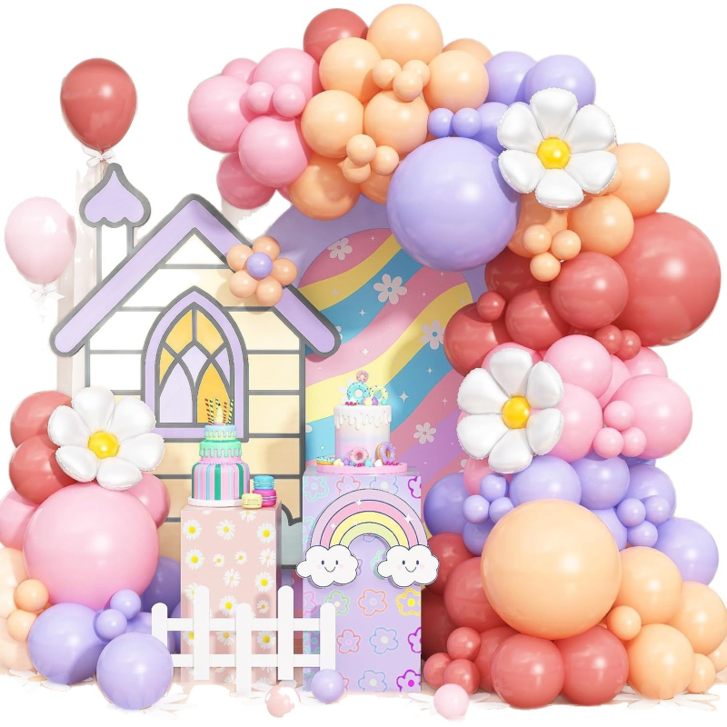 Ghirlandă de baloane cu temă margarete, arc de baloane în nuanțe pastel pentru decor de carnaval și petrecere de ziua de naștere