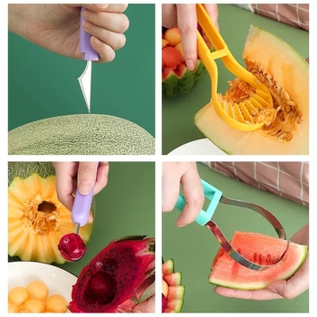 Trei în unu: formator de bile de fructe din oțel inoxidabil, cuțit de tăiat fructe și set de cuțite pentru fructe, platou multifuncțional
