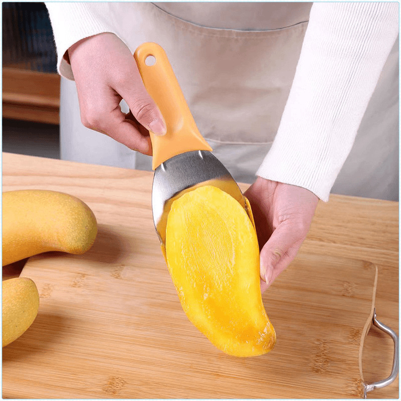 Cuțit din oțel inoxidabil pentru mango și fructe, cu linguriță de scoatere, pentru decojit și tăiere în cuburi a pepenelui