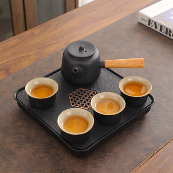 Set Gongfu de ceai din ceramică neagră – depozitare pentru călătorii, set simplu pentru o singură infuzie, mâner lateral în stil japonez pentru cămin