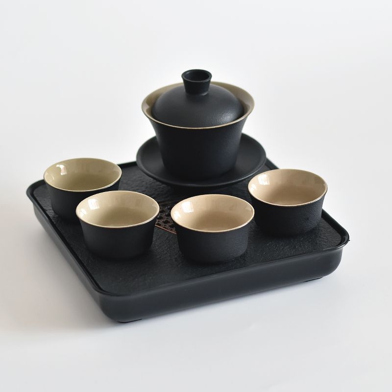 Set Gongfu de ceai din ceramică neagră – depozitare pentru călătorii, set simplu pentru o singură infuzie, mâner lateral în stil japonez pentru cămin
