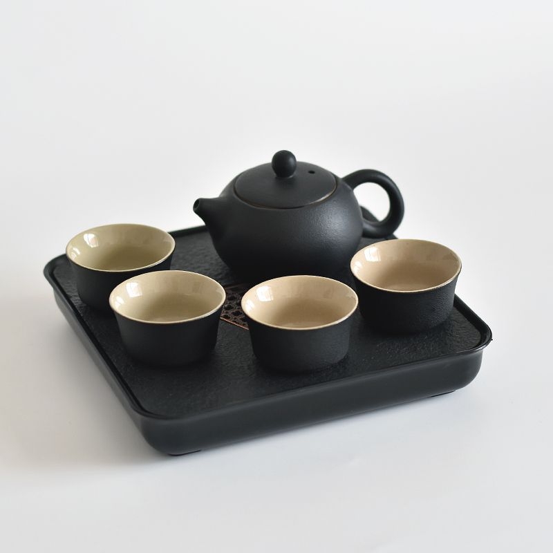 Set Gongfu de ceai din ceramică neagră – depozitare pentru călătorii, set simplu pentru o singură infuzie, mâner lateral în stil japonez pentru cămin