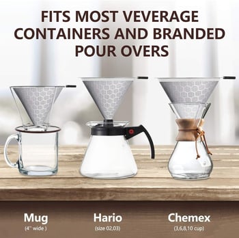 Filtru de cafea V60 din oțel inoxidabil cu bază, filtru metalic reutilizabil, fără filtru de hârtie