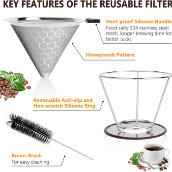 Filtru de cafea V60 din oțel inoxidabil cu bază, filtru metalic reutilizabil, fără filtru de hârtie