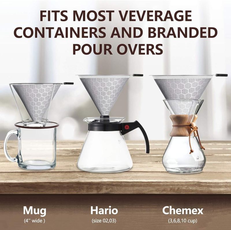 Filtru de cafea V60 din oțel inoxidabil cu bază, filtru metalic reutilizabil, fără filtru de hârtie