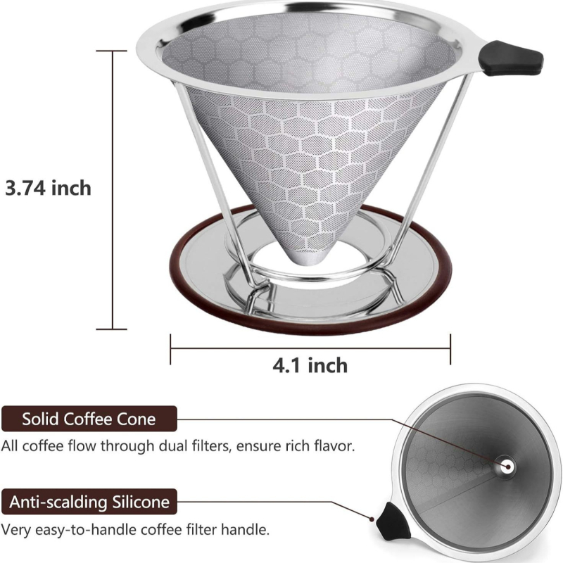 Filtru de cafea V60 din oțel inoxidabil cu bază, filtru metalic reutilizabil, fără filtru de hârtie