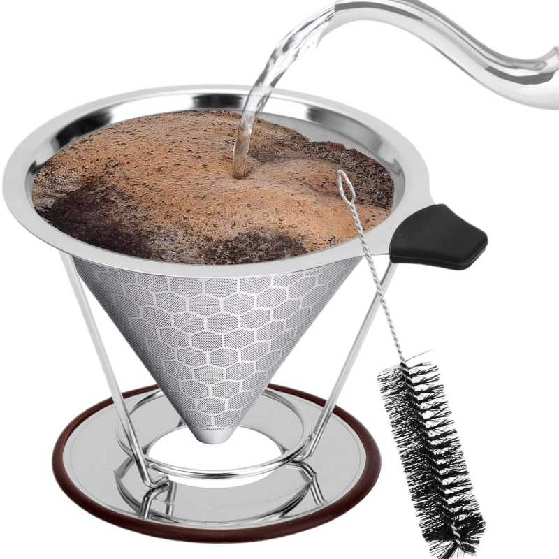 Filtru de cafea V60 din oțel inoxidabil cu bază, filtru metalic reutilizabil, fără filtru de hârtie