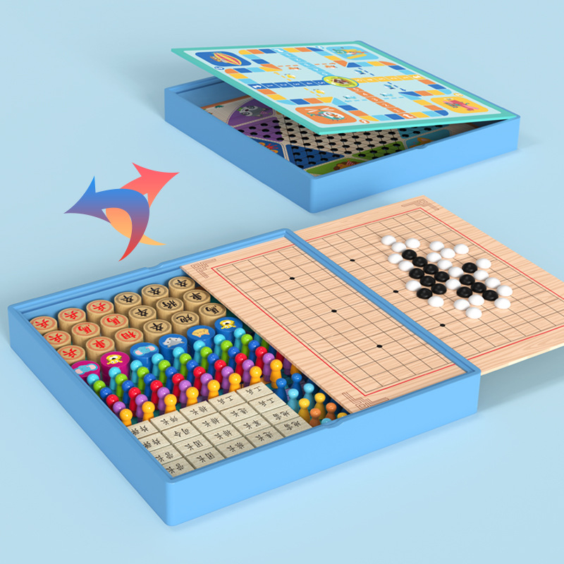 Drveni sve-u-jednom stolni set igara: Checkers, Flying Chess, Gomoku i Beast Chess – edukativna igra za djecu i učenike