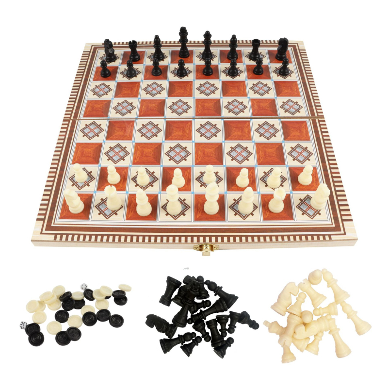 Drveni set tri igre: šah, dama i backgammon